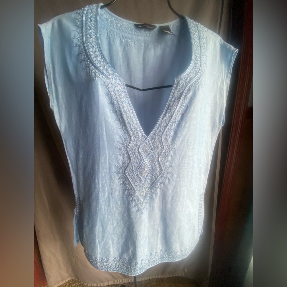 New York & Company Light Blue Embroidered Linen Blouse